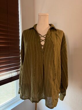 We The Free Olive Green Striped Lace-Up Tunic
